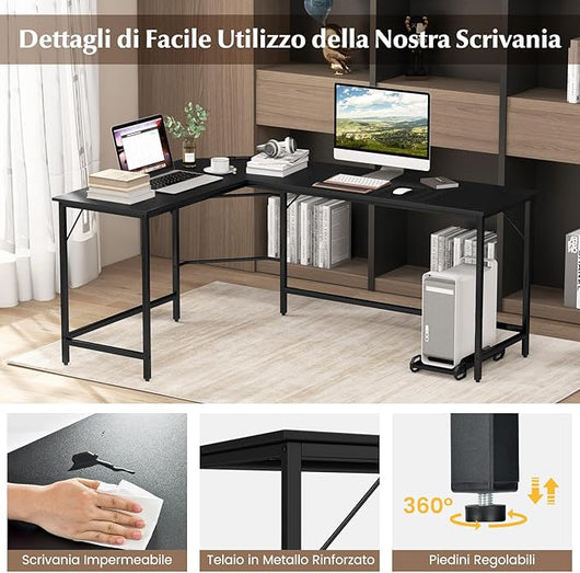 Scrivania Angolare Salvaspazio, Scrivania ad Angolo a Forma di L con Presa di Corrente, Supporto CPU e Telaio in Metallo Resistente, Scrivania per Computer da Casa e Ufficio (Nero)