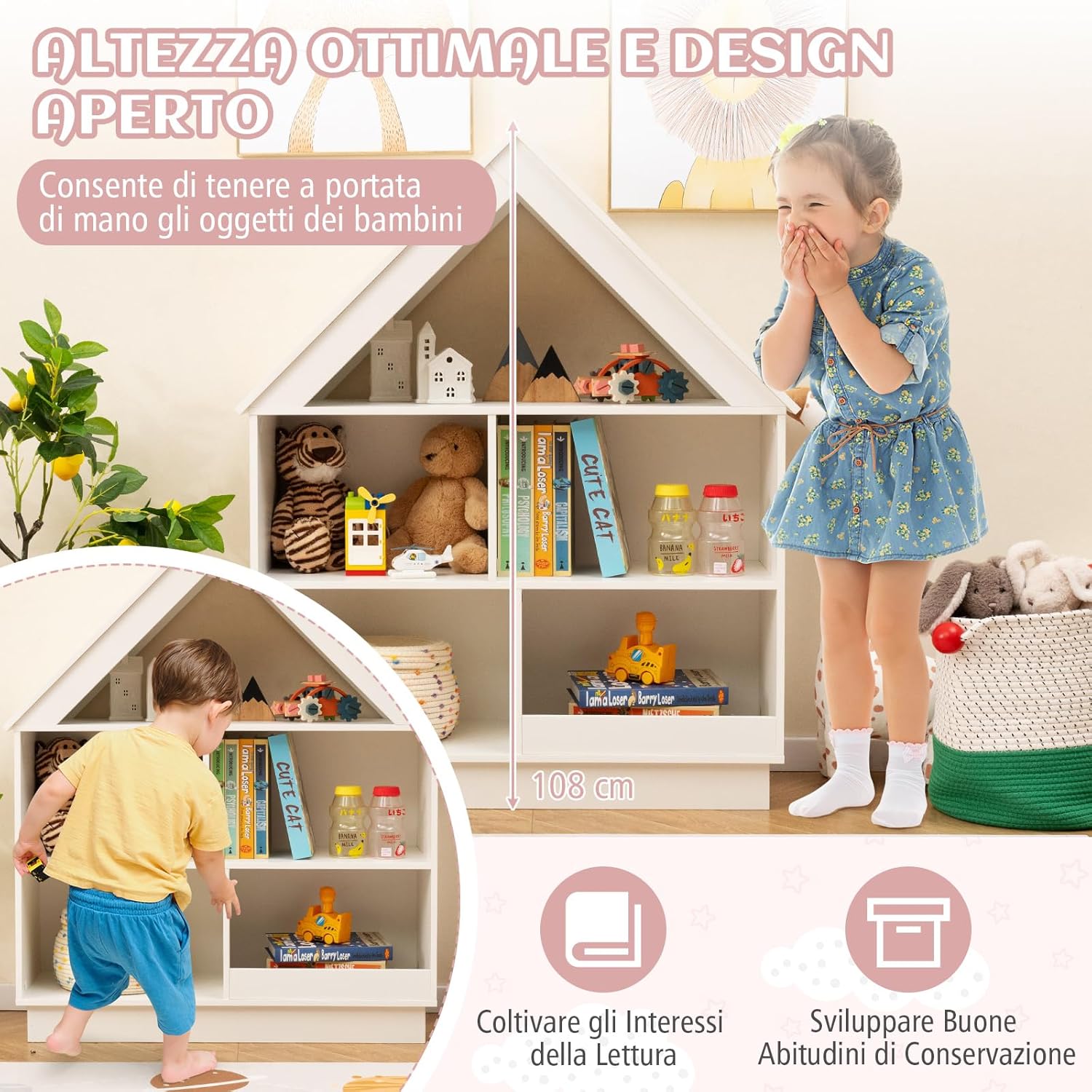 Libreria per Bambini a Forma di Casa, Scaffale in Legno con 5 Cubi per Giocattoli, Organizer di Stoccaggio Antiribaltamento, Scaffale Aperto a 3 Livelli, 88x34x108 cm (Bianco)