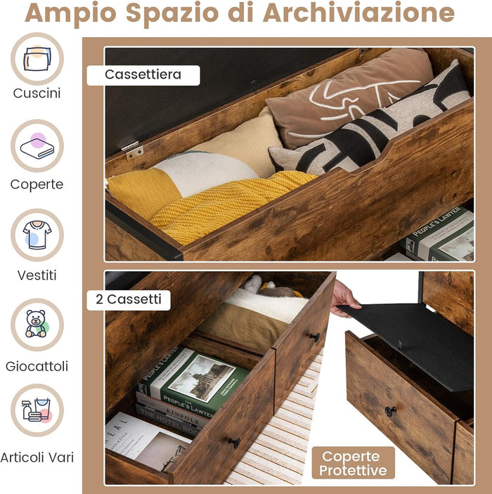 Cassapanca con Cuscino Sedile Imbottito e 2 Cassetti, Panca Contenitore in Legno con Chiusura di Sicurezza per Ingresso, Camera da Letto, Soggiorno, Portata 150 kg, Marrone Rustico