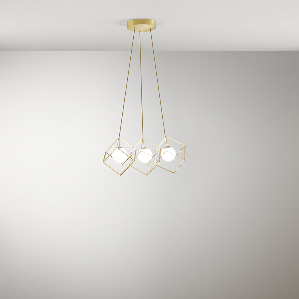 Lampadario A Sospensione Contemporaneo Cube Metallo Oro 3 Luci G9