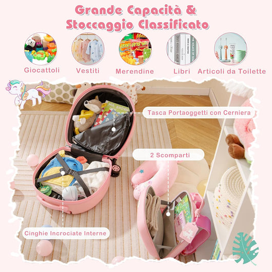 Set di Valiglie per Bambini, Set da 4 Pezzi con Trolley, Zaino, Cuscino per Collo ed Etichetta per Bagaglio, Valigia a Mano da Viaggio con Ruote Universale e Maniglia Regolabile (Unicorno)