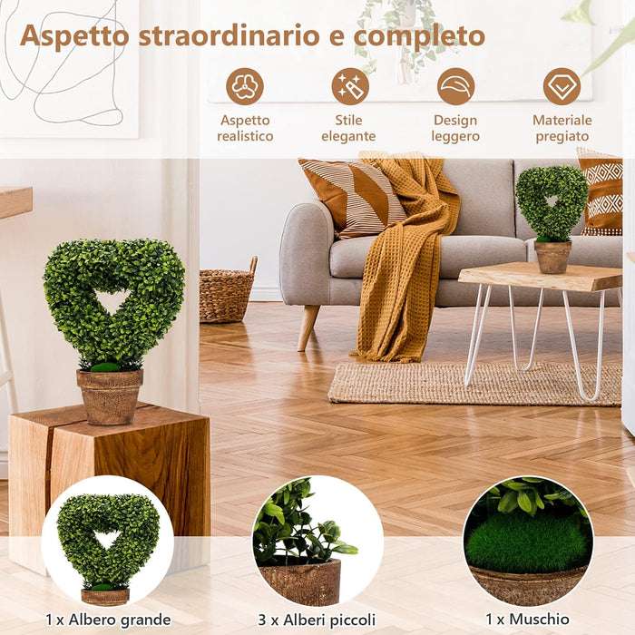 Set 4 Alberi Artificiali a Forma di Cuore in Vaso, Albero di Crittogame da Tavolo con Base in Cartone Biodegradabile, Piante Finte per Casa, Negozio e Ufficio, Verde