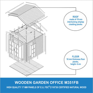 Ufficio in legno da giardino - W233xD222xH233cm - con tegole bituminose - TIMBELA M351FB+H351FBGREEN