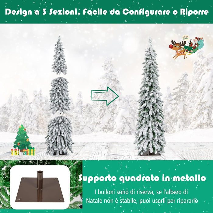 Albero di Natale Slim 120/150 CM, Albero di Natale Innevato con 225/334 Punte PVC, Timer, 100/150 Luci LED a 2 Colori e 11 Modalità di Illuminazione, Decorazione Natalizia Ideale (150 CM)