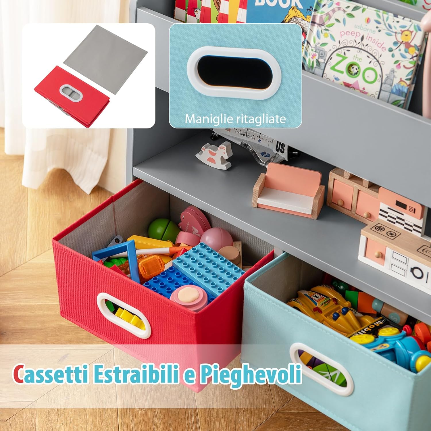 Libreria per Bambini, Scaffale in Legno per Bambini con 3 Ripiani, Scomparto Aperto e 2 Cassetti in Tessuto Pieghevoli, Organizzatore per Giocattoli, 63x30x97 cm (Grigio)