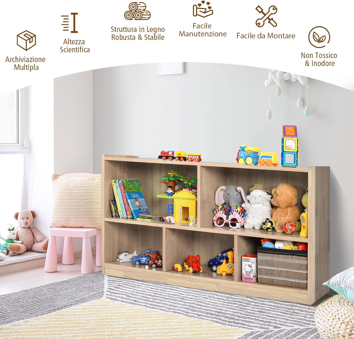 Libreria per Bambini e Organizer Giocattoli, Scaffale di Legno Con 5 Scompartimenti, Per Stanza dei Giochi Camera Dei Bambini Angolo di Lettura Classe Scuola Materna (Naturale)