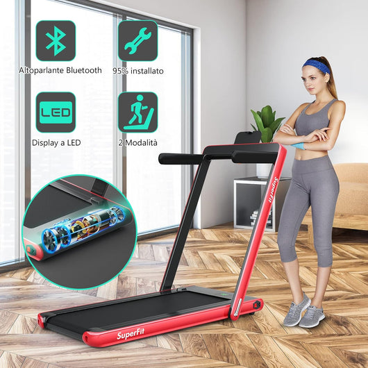 Tapis Roulant Elettrico Pieghevole Salvaspazio, Tapis Roulant Velocità Regolabile 1-12 km/h, con Altoparlante, Bluetooth, Telecomando e Schermo LED, Portata 120 kg (Rosso)