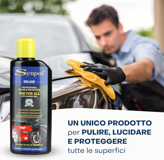 Synpol - Kit Cera Detergente più Panno in Microfibra - per Tutte le Superfici - Auto, Moto, Parabrezza, Plastica - Lucida e Deterge Perfettamente - Non Lascia Aloni