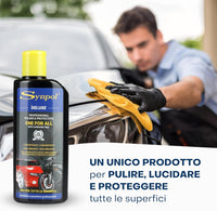 Kit Cera Detergente più Panno in Microfibra - per Tutte le Superfici - Auto, Moto, Parabrezza, Plastica - Lucida e Deterge Perfettamente - Non Lascia Aloni