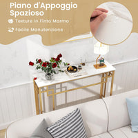 Tavolo Consolle Moderno, Tavolo da Ingresso Stretto con Cornice Geometrica Dorata, Piano Effetto Marmo Bianco e Dispositivo Anti-Ribaltamento, 110 x 30 x 81 cm