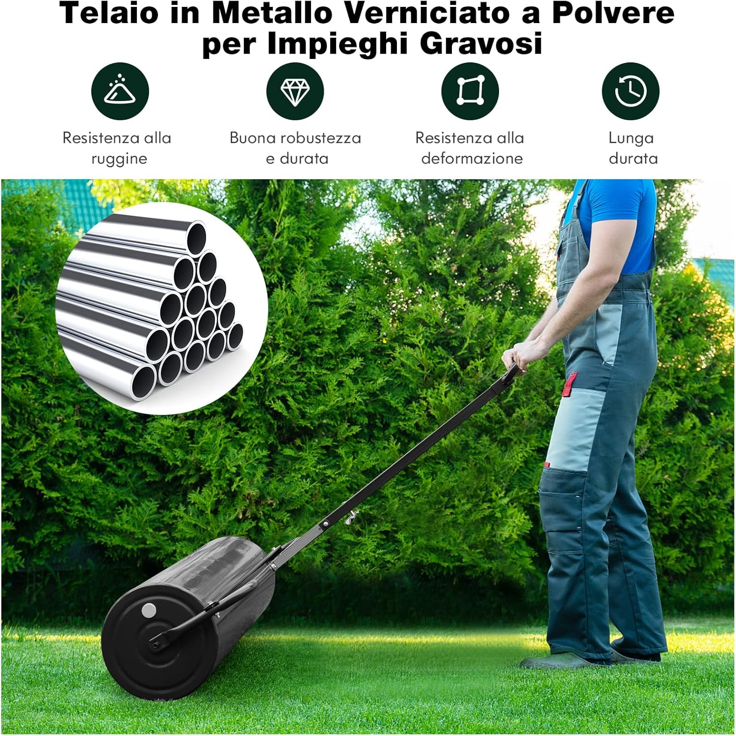 Rullo per Prato in Metallo, Rullo da Giardino Riempibile con 30 Litri di Acqua/Sabbia, con Gancio e Impugnatura Staccabile per Giardino, Prato, Parco e Fattoria (Black)