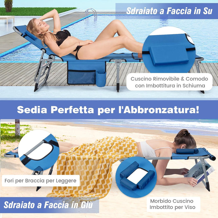 Sedia a Sdraio Pieghevole, Lettino Prendisole Regolabile in Metallo, con Poggiatesta, Cuscino e Tasca, per Spiaggia, Giardino, Balcone, Fino a 180 kg (Blu)