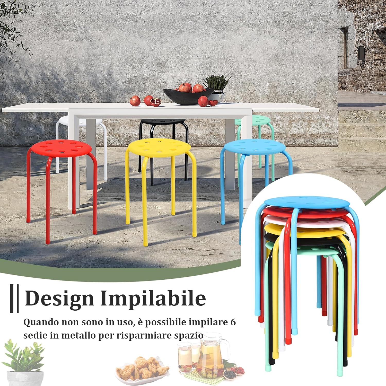 Set di 6 Sgabello Tondo Impilabile in Metallo, Sgabello Cucina Basso per Bambini Adulti, Sgabelli da Bar Casa Ufficio Aule, 30 x 30 x 44,5 cm (Colori Assortiti)