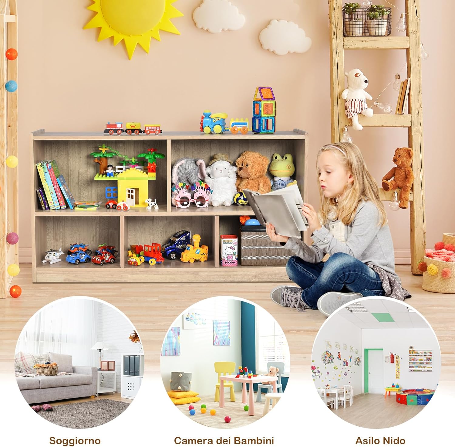 Libreria per Bambini e Organizer Giocattoli, Scaffale di Legno Con 5 Scompartimenti, Per Stanza dei Giochi Camera Dei Bambini Angolo di Lettura Classe Scuola Materna (Naturale)