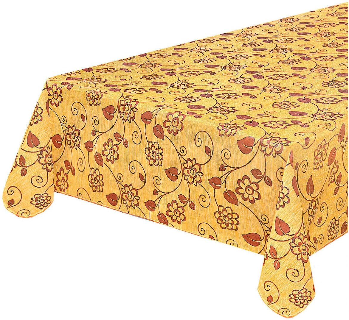 Tovaglia Antimacchia Cucina Tonda 155 cm Fiori Bordata Cotone Plastificato Copritavolo Giallo