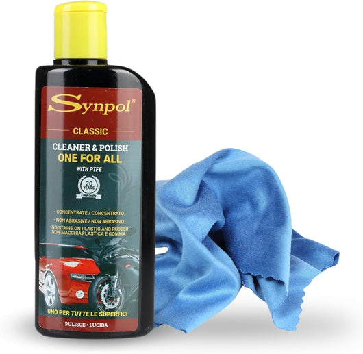 Synpol - Kit Crema Detergente più Panno in Microfibra - per Tutte le Superfici - Auto, Moto, Parabrezza, Plastica - Lucida e Deterge Perfettamente - Non Lascia Aloni