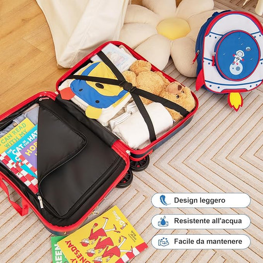 Valigia Cavalcabile per Bambini, 18" Valigia+ 12" Zaino,2 Pezzi, Trolley Bambini Bagaglio a Mano con Ruote Girevoli e Maniglia Retrattile, 2 Cingie Multiuso (Modello 4)