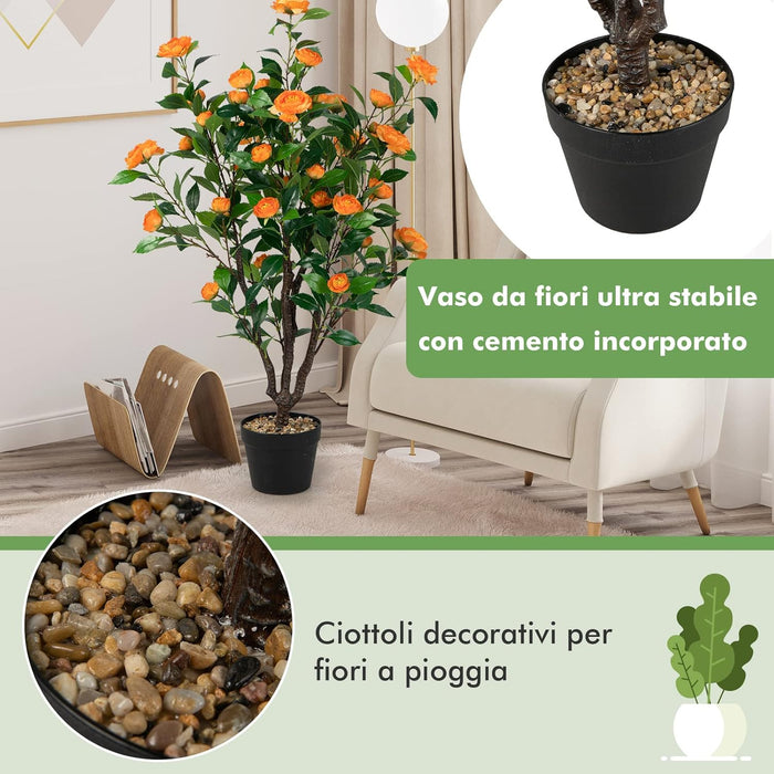 Pianta Finta da Interno da 102 cm, Albero di Camelia Artificiale con 37 Fiori Gialli, Vaso e Ciottoli di Pioggia, Pianta Finta per Soggiorno, Ufficio e Negozio