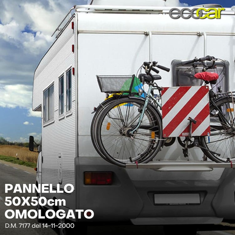 Kit Cartello Carichi Sporgenti Omologato + Coppia di Corde Elastiche 100cm Pannello 50x50cm Sporgente per Portabici, Roulette, Auto e Camper