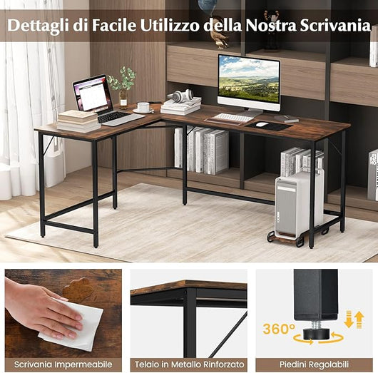 Scrivania Angolare Salvaspazio, Scrivania ad Angolo a Forma di L con Presa di Corrente, Supporto CPU e Telaio in Metallo Resistente, Scrivania per Computer da Casa e Ufficio (Marrone)