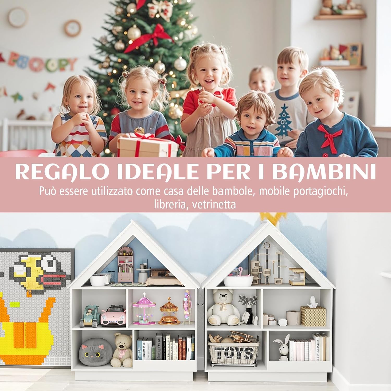 Libreria per Bambini a Forma di Casa, Scaffale in Legno con 5 Cubi per Giocattoli, Organizer di Stoccaggio Antiribaltamento, Scaffale Aperto a 3 Livelli, 88x34x108 cm (Bianco)