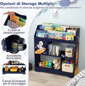 3 in 1 Libreria per Bambini, Mobile Portagiochi Multiuso con Anta e 3 Vani Aperti, Scaffale per Giocattoli per Cameretta Soggiorno Asilo Scuola Materna, 93x30x100 cm(Blu)