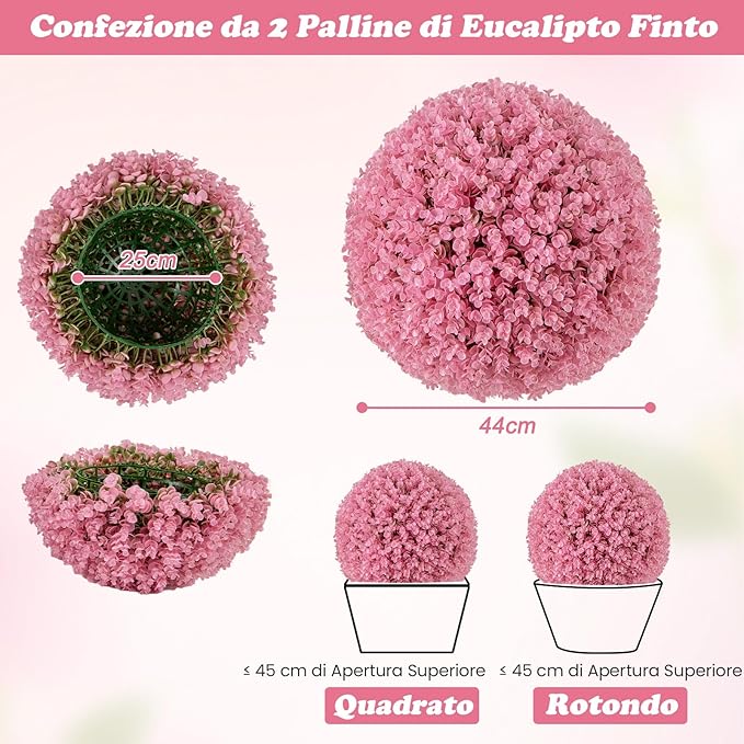 2 Sfere di Pianta Finta, 44 cm Palline in PE Decorative di Eucalipto con 7 Strati di Foglie, Palle Decorative di Pianta Artificiale da Interno ed Esterno