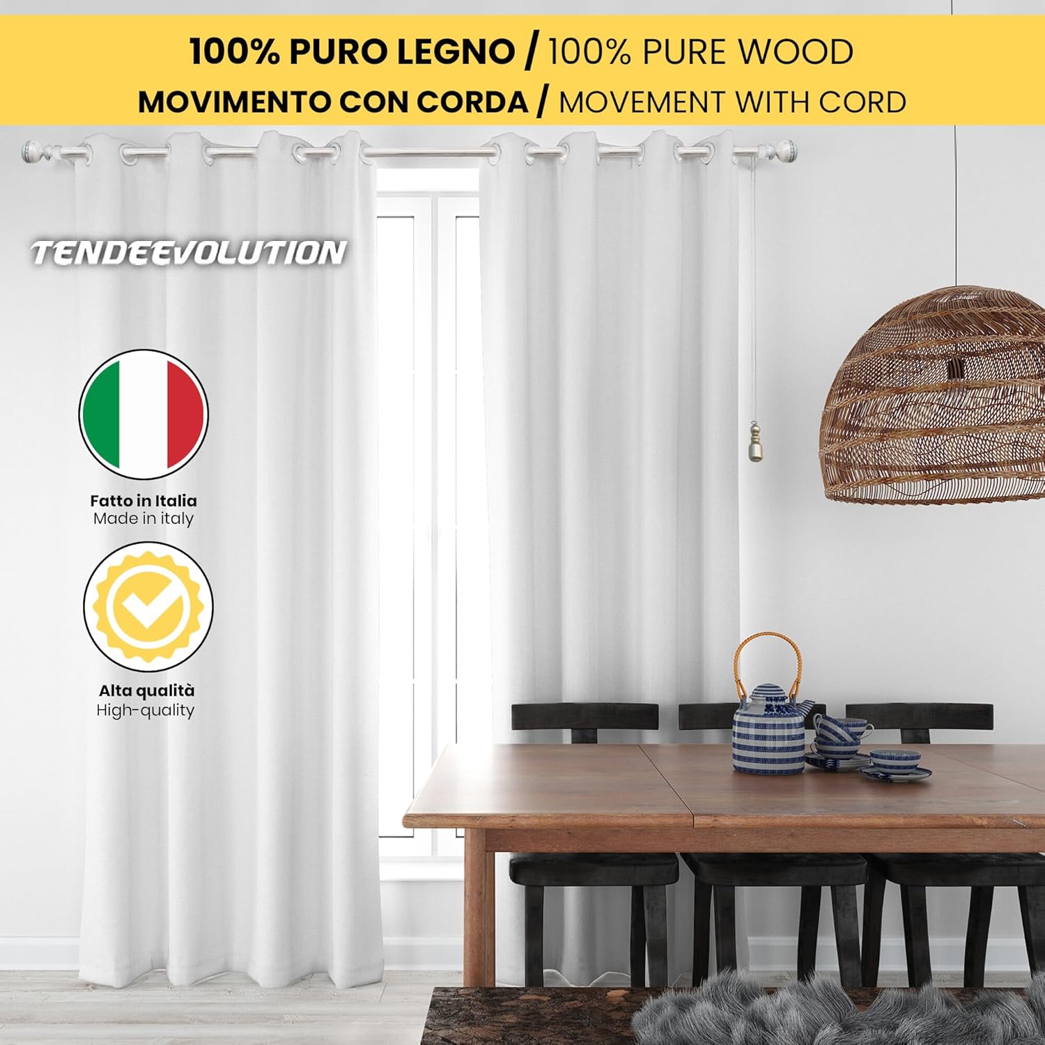 Bastone Tenda in Legno di Alta Qualità, diametro 35 mm a corda colore bianco argento terminale old lunghezza 240 CM