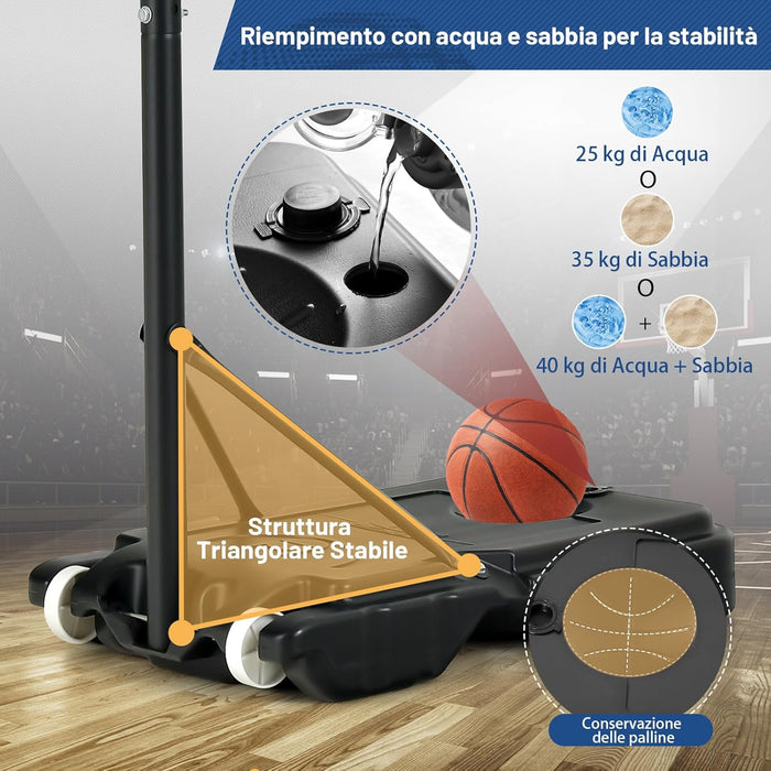 Canestro Basket da Interno ed Esterno Portatile e Regolabile in Altezza 90-210cm, Canestro da Basket per Bambini con Ruote, Incavo per Pallone e Tabellone Infrangibile, Blu