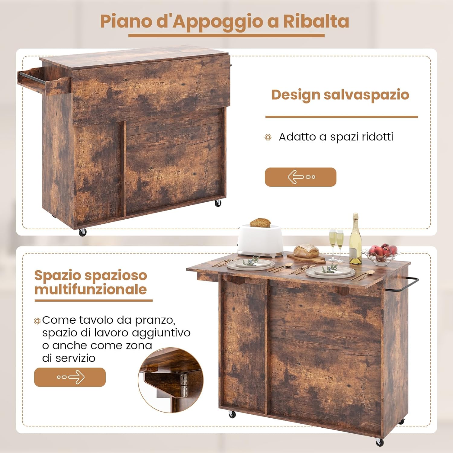 Carrello da Cucina con Piano Ribaltabile, Isola Cucina con Ruote Bloccabili, Carrello Buffet con Portabottiglie Portabicchieri Portasciugamani e Portaspezie, 121x68x88 cm