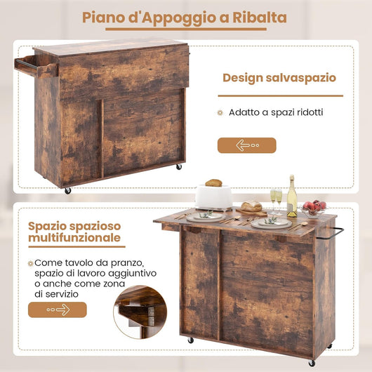 Carrello da Cucina con Piano Ribaltabile, Isola Cucina con Ruote Bloccabili, Carrello Buffet con Portabottiglie Portabicchieri Portasciugamani e Portaspezie, 121x68x88 cm