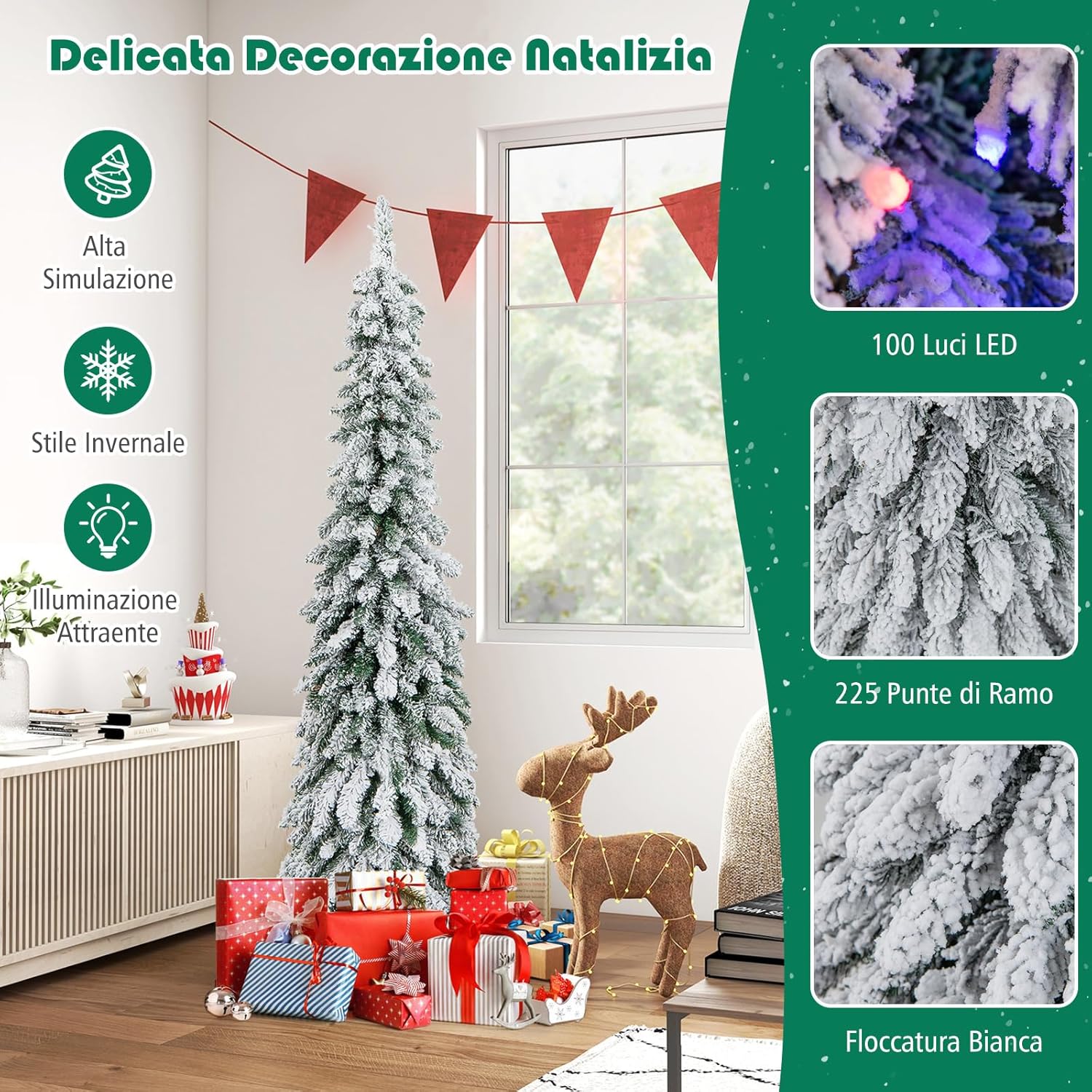 Albero di Natale Slim 120/150 CM, Albero di Natale Innevato con 225/334 Punte PVC, Timer, 100/150 Luci LED a 2 Colori e 11 Modalità di Illuminazione, Decorazione Natalizia Ideale (150 CM)