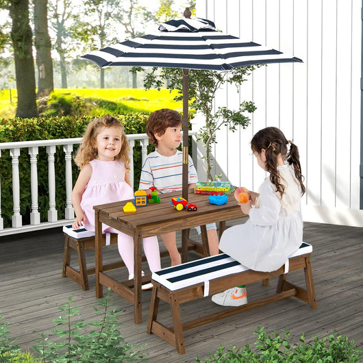 Tavolo da Picnic per Bambini con Parasole Pieghevole, Set di Tavolo e Panca in Legno con Cuscini, per Giardino, Cortile, Patio (Blu)