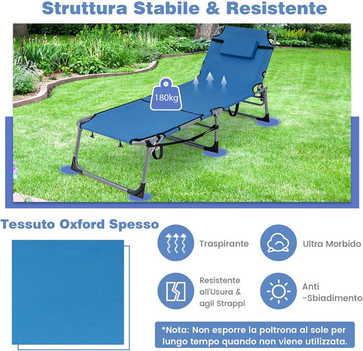 Sedia a Sdraio Pieghevole, Lettino Prendisole Regolabile in Metallo, con Poggiatesta, Cuscino e Tasca, per Spiaggia, Giardino, Balcone, Fino a 180 kg (Blu)