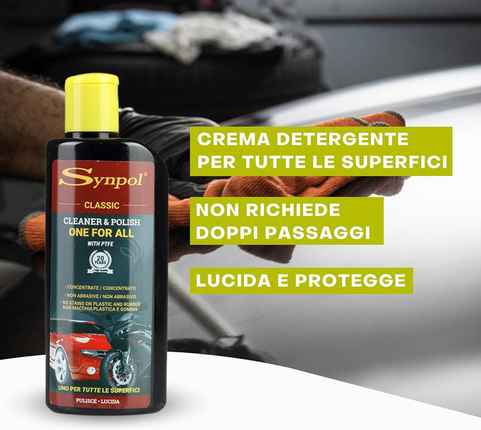 Kit Crema Detergente più Panno in Microfibra - per Tutte le Superfici - Auto, Moto, Parabrezza, Plastica - Lucida e Deterge Perfettamente - Non Lascia Aloni