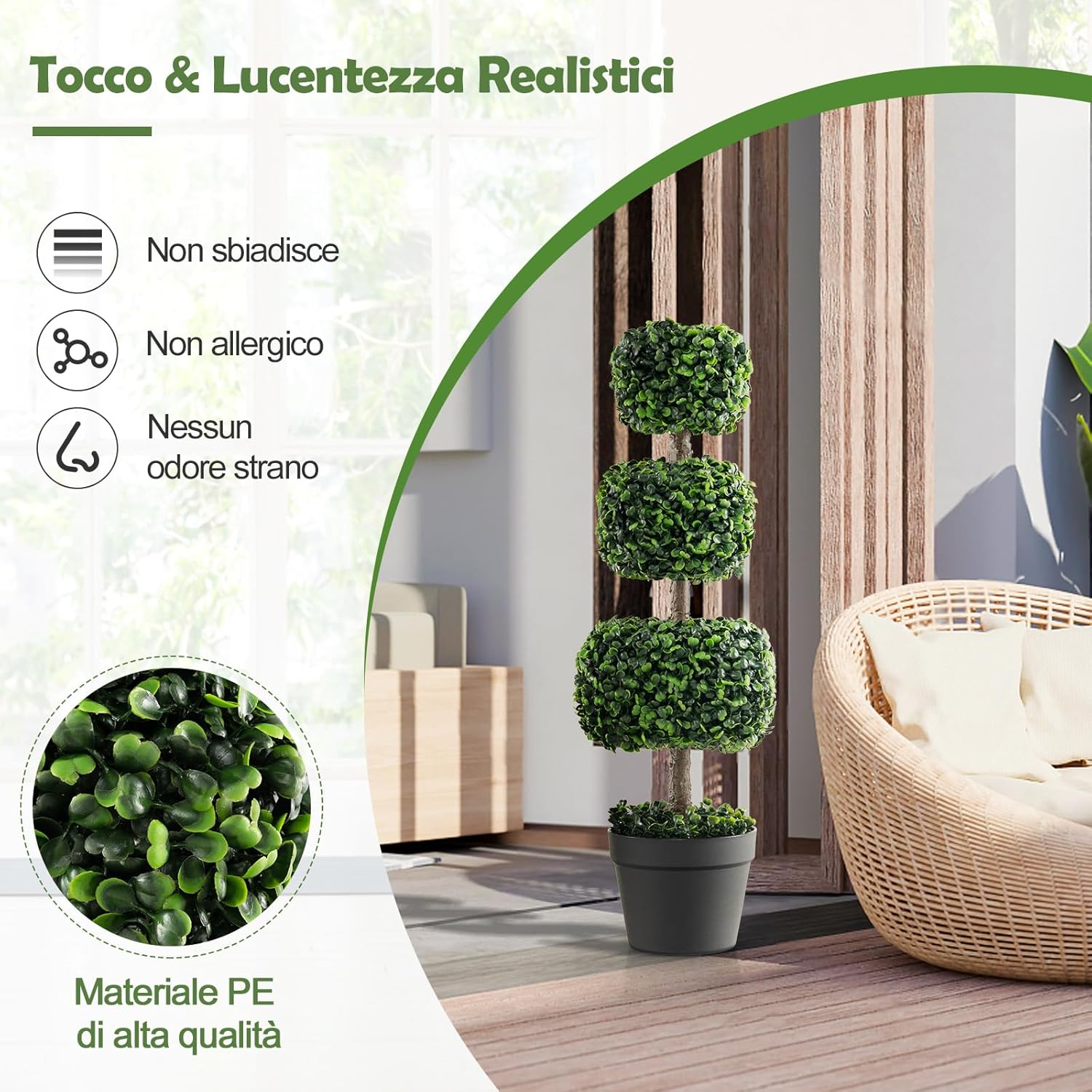 Pianta Finta 75 cm, Albero Artificiale a Sfere con Vaso di Plastica Riempito di Cemento, Piante Finte da Decorazione per Giardino, Ingresso, Balcone e Terrazza