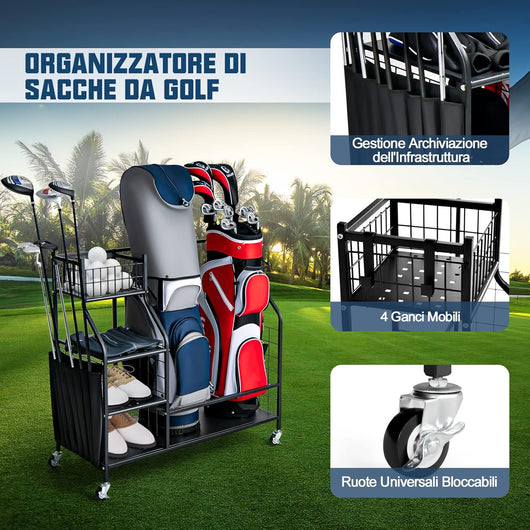 Organizer per Sacca da Golf per Garage, Carrello per 2 Borse da Golf con Ruote Bloccabili, Ganci e Tasche Porta Mazze da Golf, Organizer per Accessori da Golf e Attrezzature