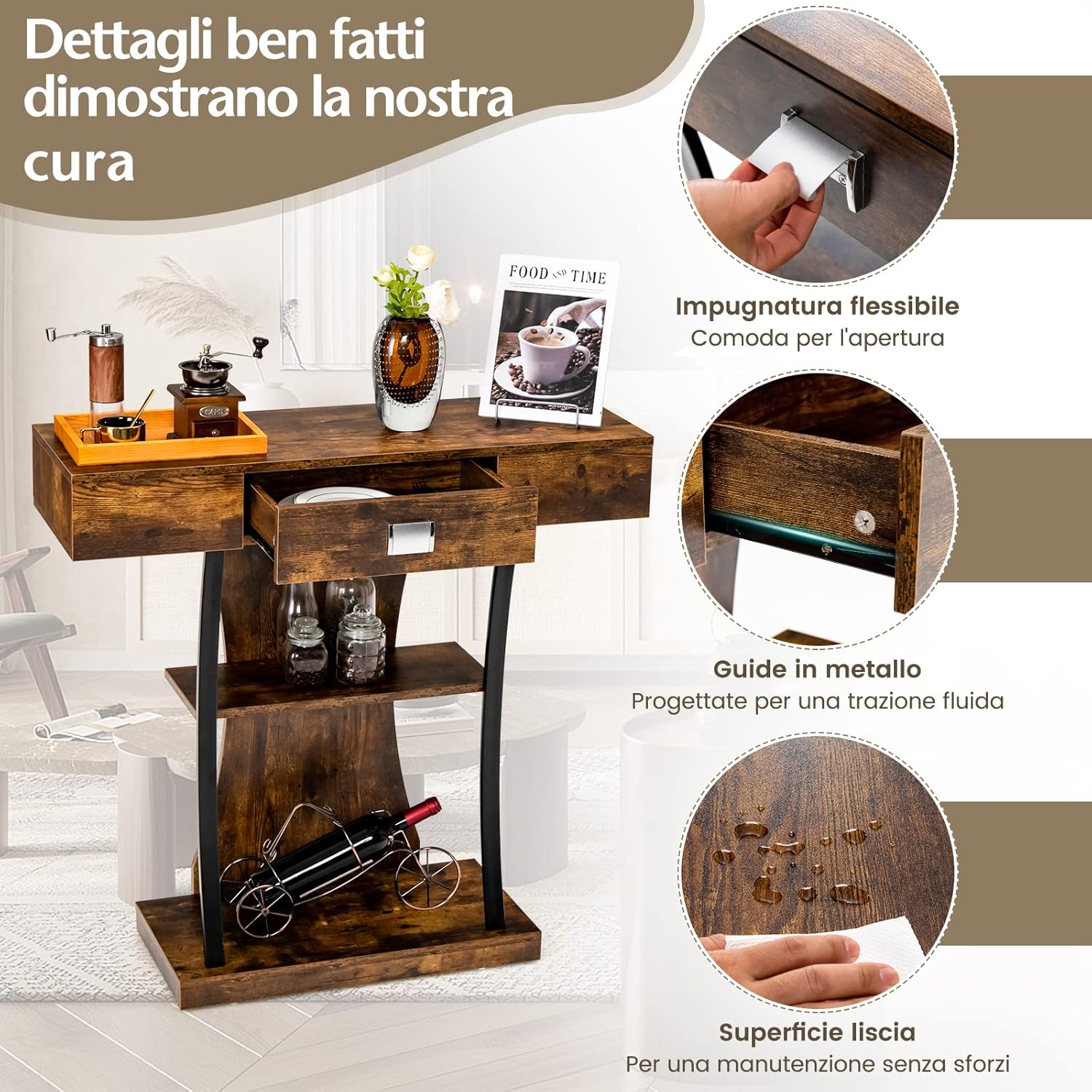 Tavolo Consolle in Legno, Tavolo Ingresso con Cassetti, Ripiani e 2 Kit Anti-ribaltamento, Tavolo Multiuso e Salvaspazio per Salotto, Camera da Letto e Corridoio, 91 x 30 x 88 cm