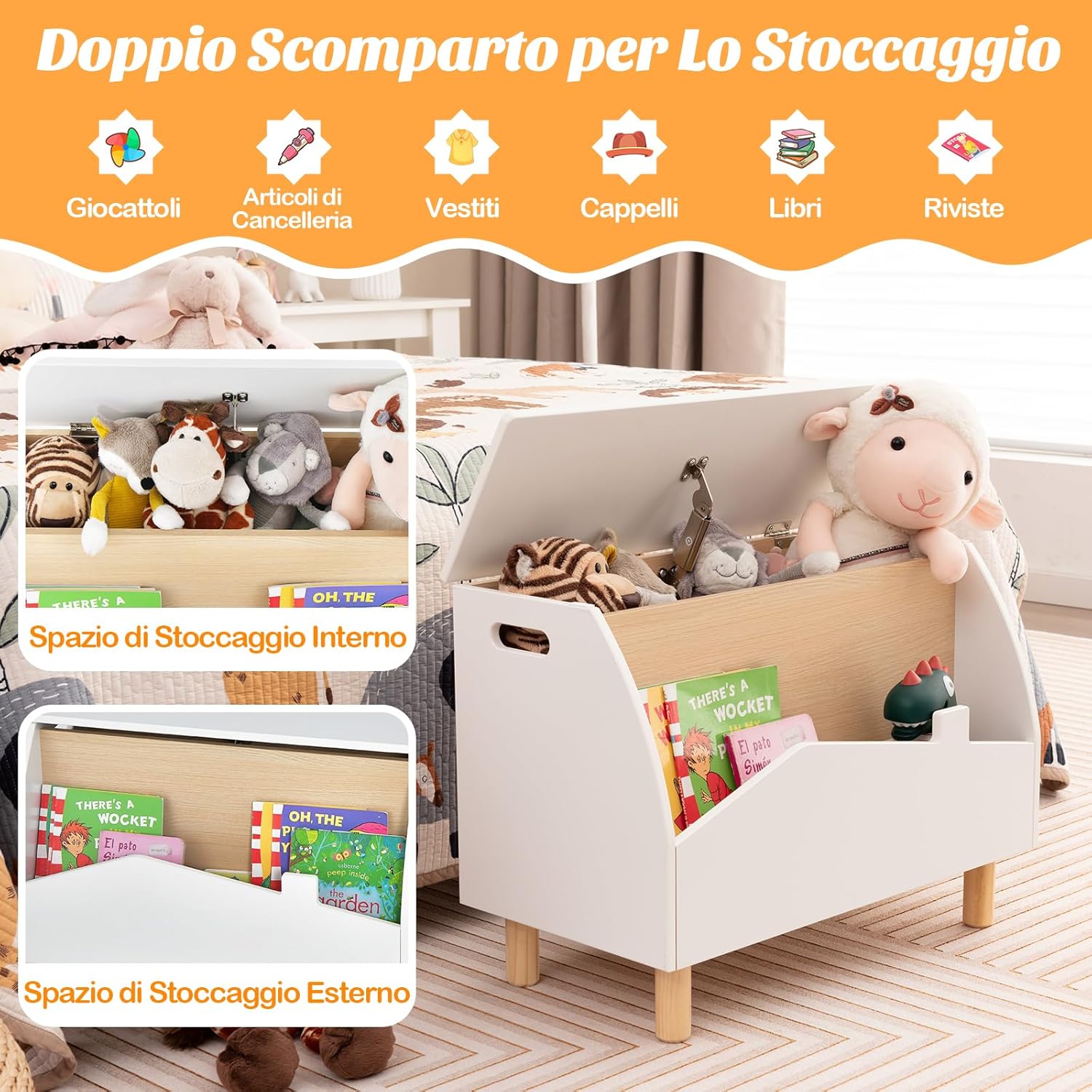 Scaffale dei Giocattoli per Bambini in Legno, Libreria per Bambini con Ripiano Espositivo e Contenitore con Coperchio Apribile, Ideale per Cameretta e Nido, 60 x 30 x 44 cm (Bianco)