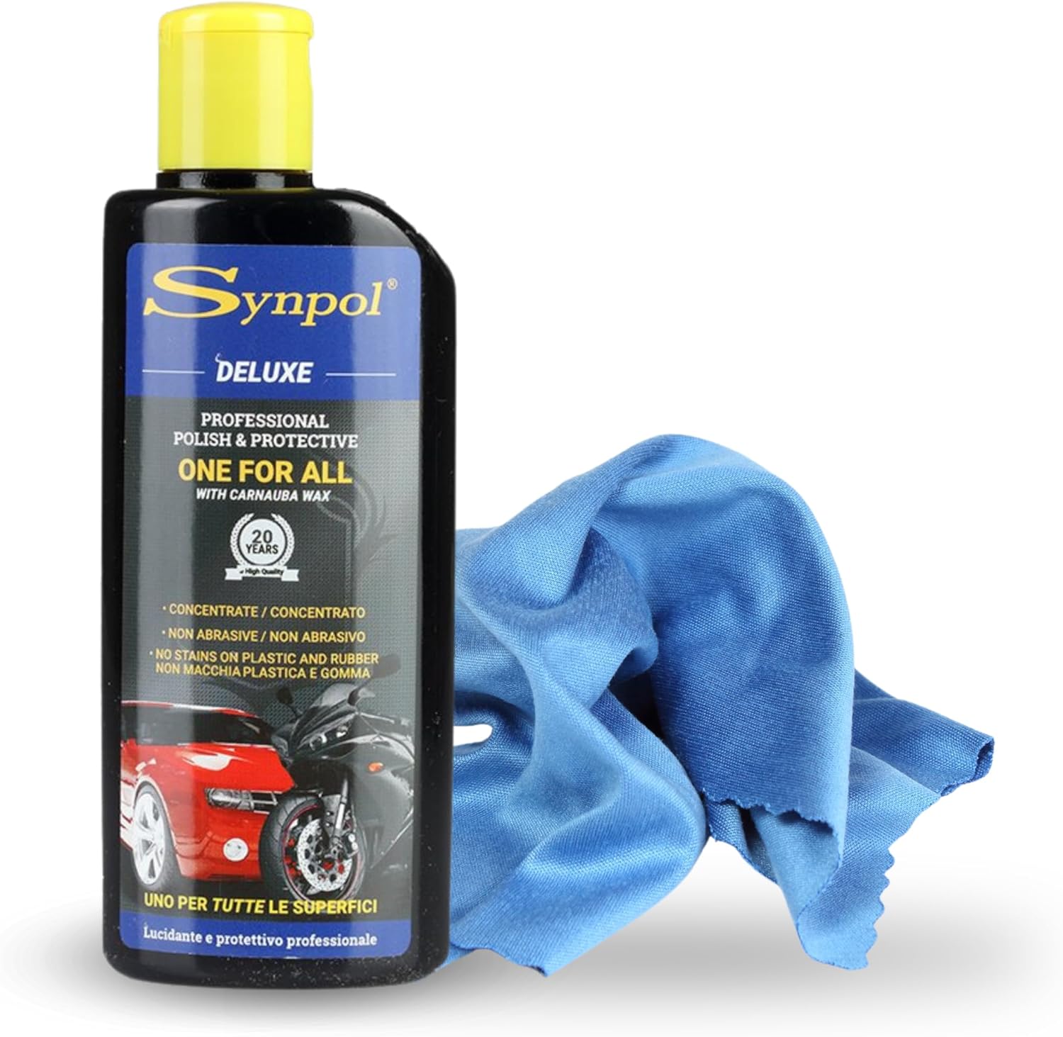 Kit Cera Detergente più Panno in Microfibra - per Tutte le Superfici - Auto, Moto, Parabrezza, Plastica - Lucida e Deterge Perfettamente - Non Lascia Aloni