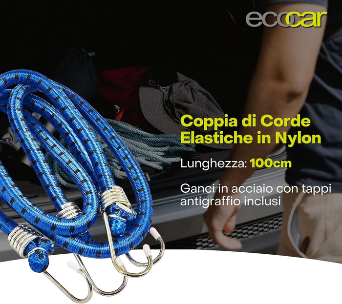 Kit Cartello Carichi Sporgenti Omologato + Coppia di Corde Elastiche 100cm Pannello 50x50cm Sporgente per Portabici, Roulette, Auto e Camper