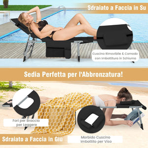 Sedia a Sdraio Pieghevole, Lettino Prendisole Regolabile in Metallo, con Poggiatesta, Cuscino e Tasca, per Spiaggia, Giardino, Balcone, Fino a 180 kg (Nero)