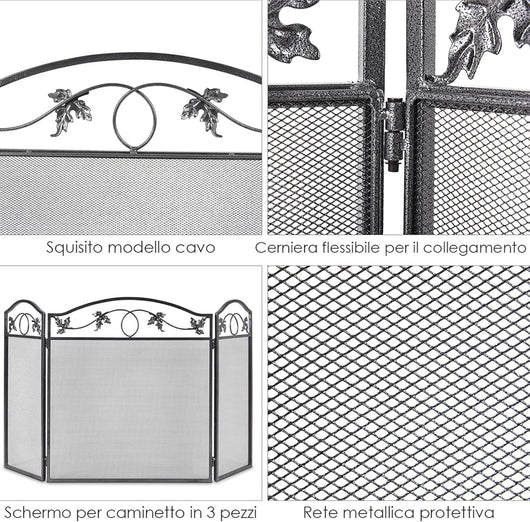 Parascintille per Camino con Robusto Telaio in Metallo, Schermo per Camino Pieghevole a 3 Pannelli per Bambini e Animali, Ideale per Interni ed Esterni