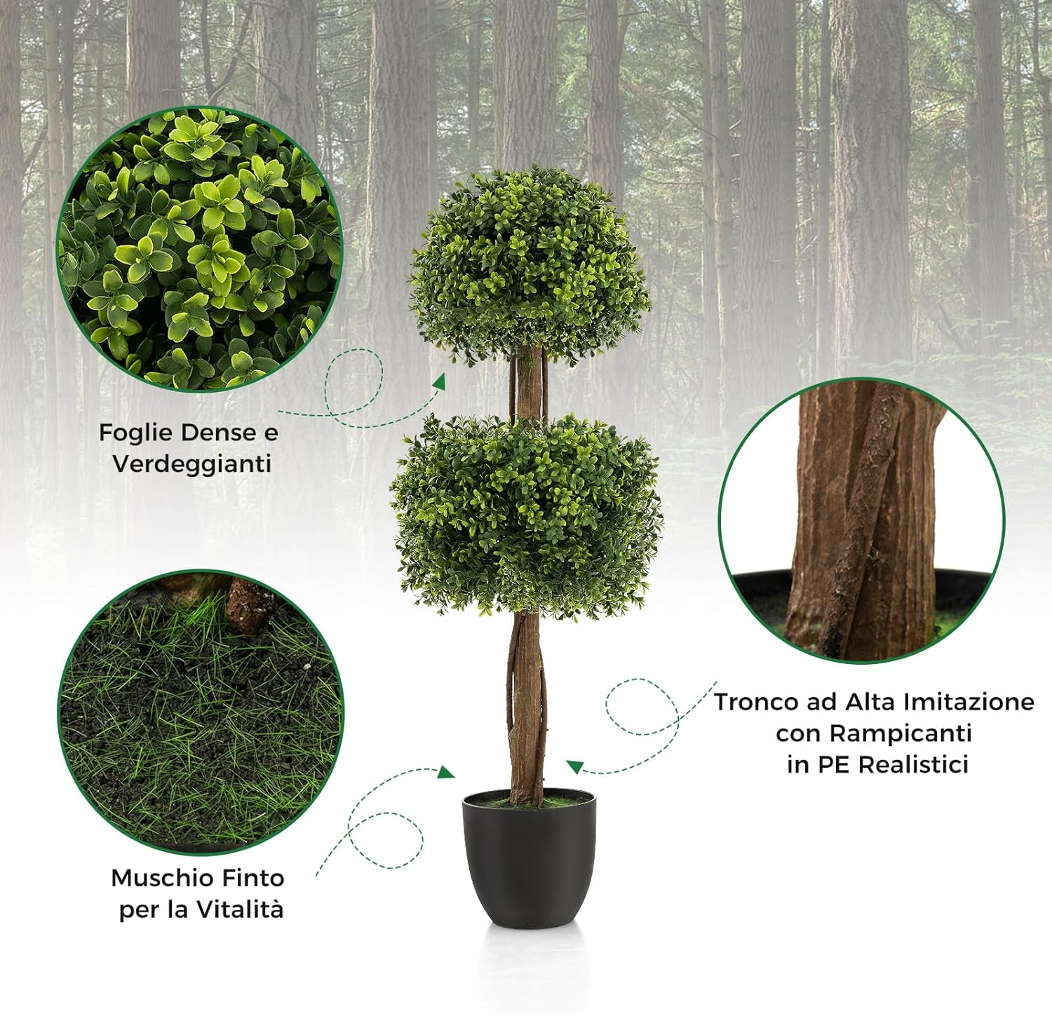 Albero Bosso Artificiale da 100 CM, Albero Finto con Doppia Sfera e Vaso di Plastica Riempito di Cemento, Piante Finte Resistenti ai Raggi UV, Decorazione per Ingresso, Giardino e Casa