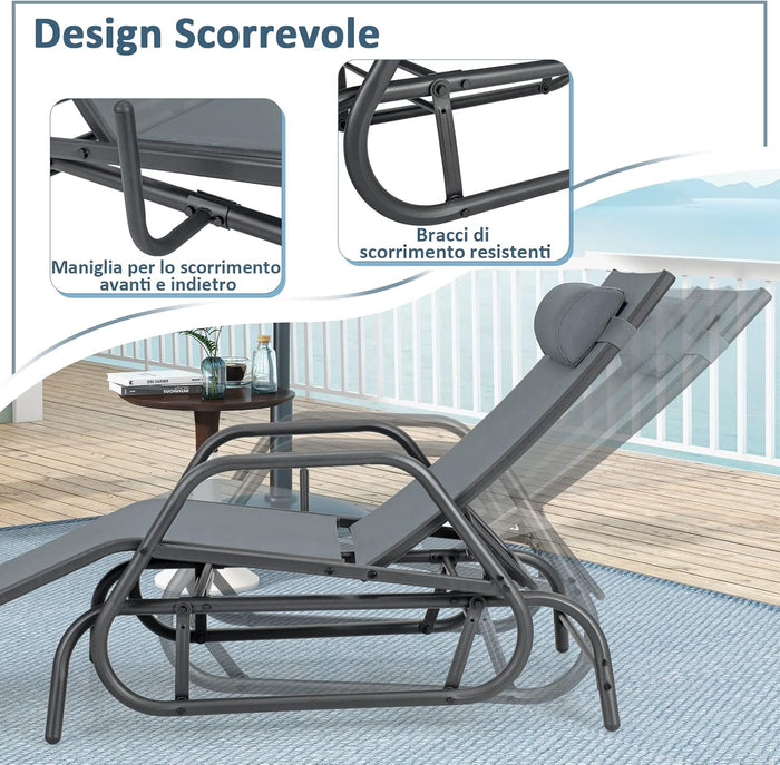 Sdraio da Giardino a Dondolo con Braccioli e Cuscino Poggiatesta, Sedia a Sdraio Regolabile da Esterno in Textilene Traspirante, Lettino Prendisole da Balcone Terrazza (Grigio)