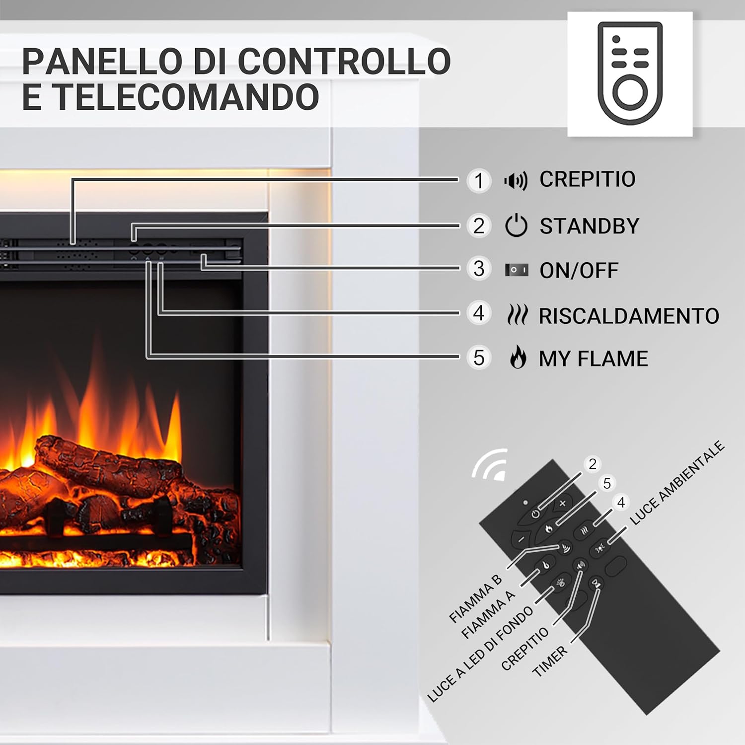 Camino elettrico da terra Baldur | Fuoco 3D, riscaldamento 2000W, wifi, crepitio, telecomando, timer, termostato |Bianco