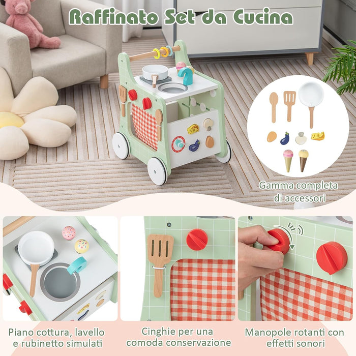 Girello per Bambini 6 in 1, Carrellino Primi Passi per Bmbini in Legno, con Cucina Giocattolo, Gioco Educativo con Ruote per Bambini 12 Mesi + (Verde)