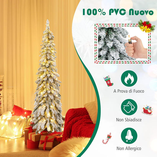 Albero di Natale Slim 120/150 CM, Albero di Natale Innevato con 225/334 Punte PVC, Timer, 100/150 Luci LED a 2 Colori e 11 Modalità di Illuminazione, Decorazione Natalizia Ideale (150 CM)