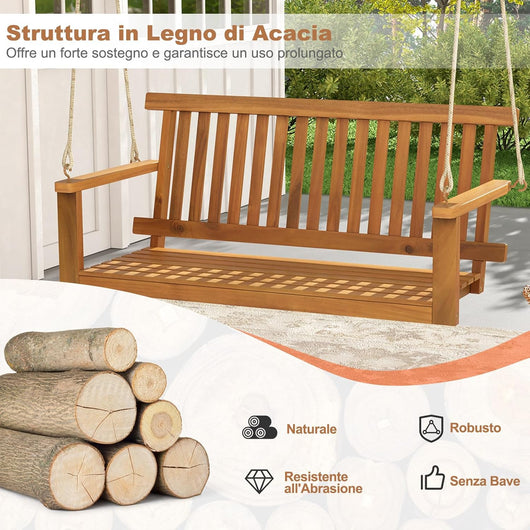 Altalena da Giardino in Legno di Acacia, Panchina Sospesa con 2 Posti, Sedia a Dondolo per Giardino, Sedia Sospesa con Schienale, Portata 360 kg, per Giardino Balcone Cortile