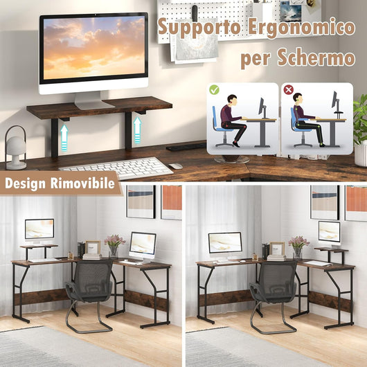 Scrivania ad Angolo a Forma di L con Presa Elettrica, Scrivania Angolare per Computer con Supporto Monitor Movibile, 225cm Postazione da Lavoro per 2 Persone per Lavoro e Gioco (Marrone)